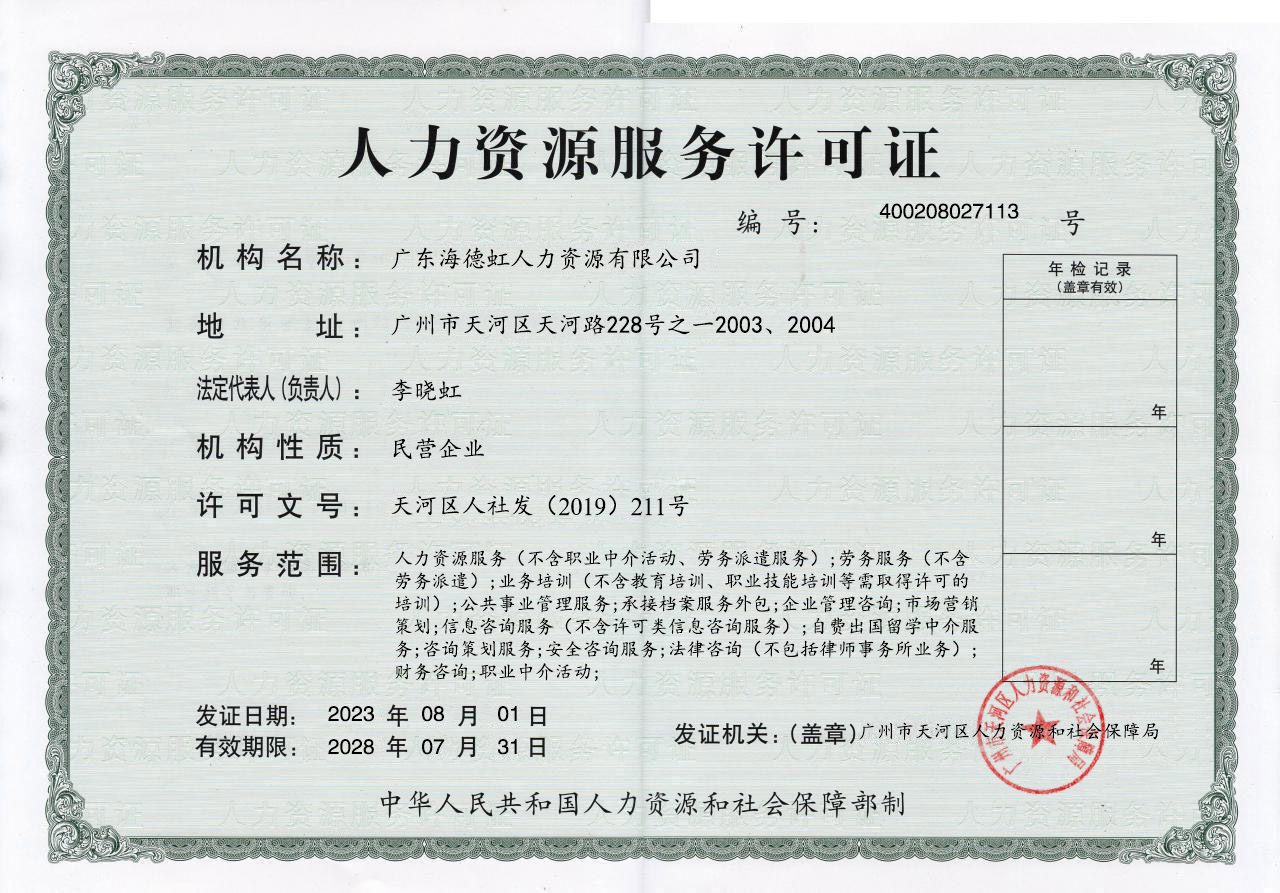 广东海德虹人力资源有限公司人力资源服务许可证